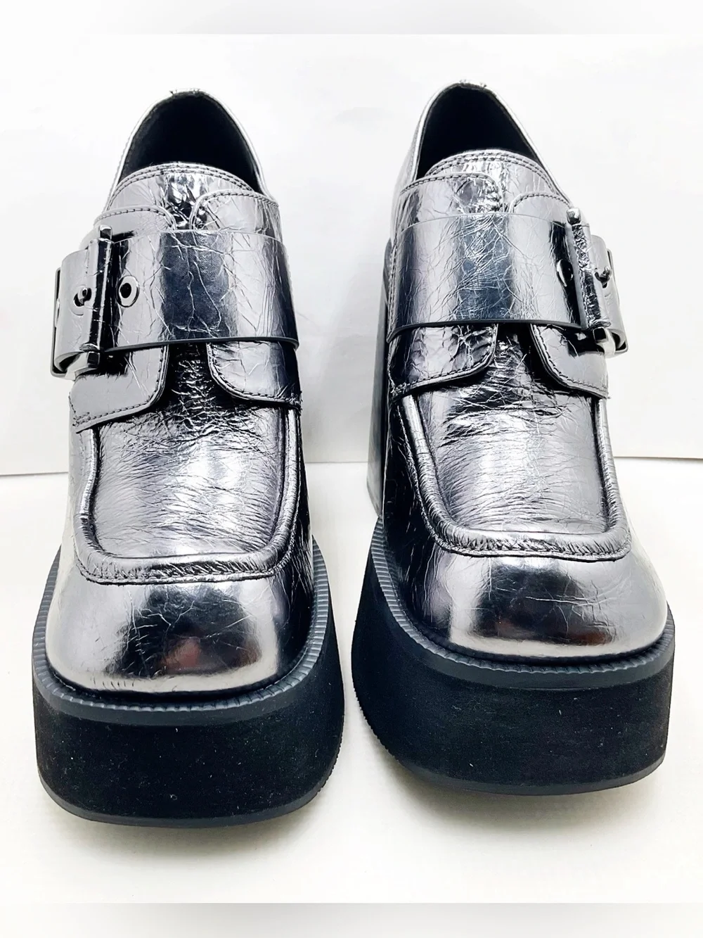 {MICHAEL Michael Kors} Colby Crackled Gunmetal Metallic Leather Platforms